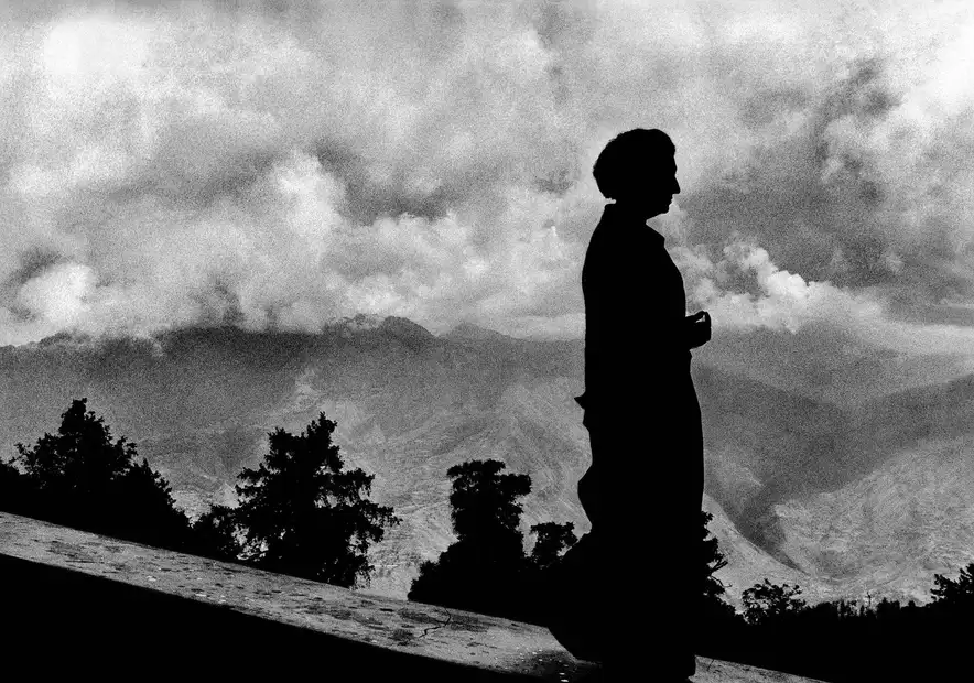 Indira Gandhi, against the Himalayas, after signing the Shimla Agreement in Himachal Pradesh, India